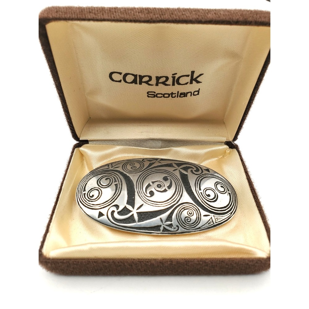 Large Vintage Celtic Revival Pewter Brooch by St Justin Triskele Spiral Scotland